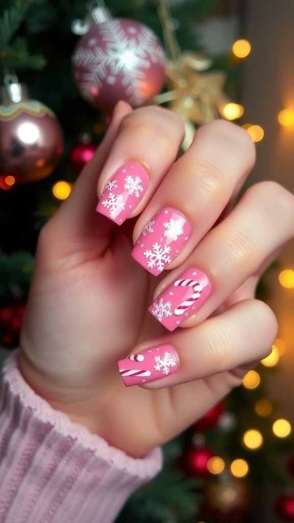 Pink Christmas Nail Art Design Pink Christmas nail art with snowflakes and candy canes on a manicured hand.
